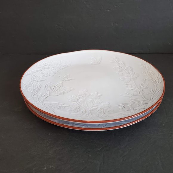 Pier 1 Terracotta White Glazed Dinner Plates 11" Impressed Floral Butterfly Set - Picture 8 of 13